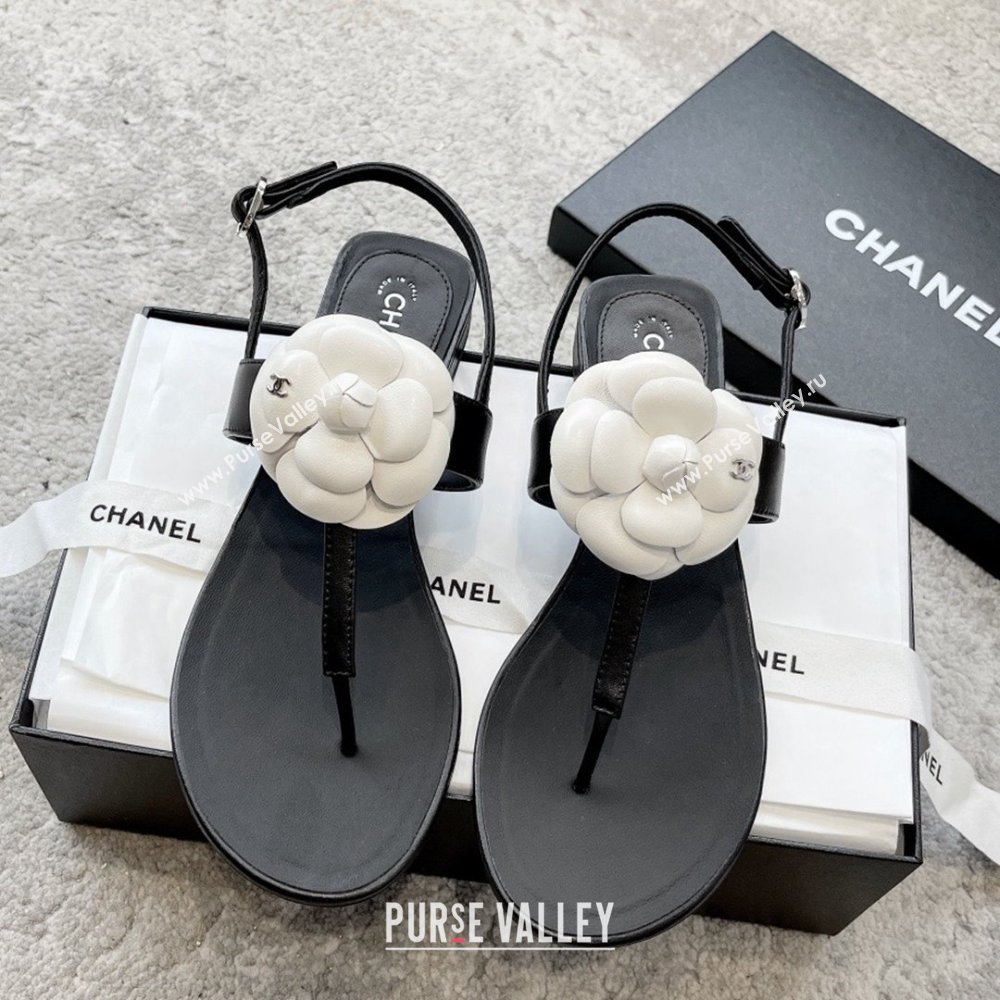Chanel Camellia Lambskin Sandals CH92210 Black/White 2025 (KL-25092210)