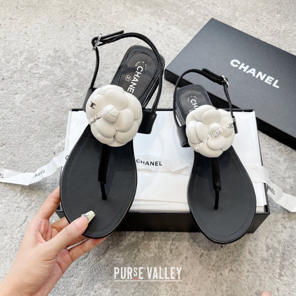 Chanel Camellia Lambskin Sandals CH92210 Black/White 2025 (KL-25092210)