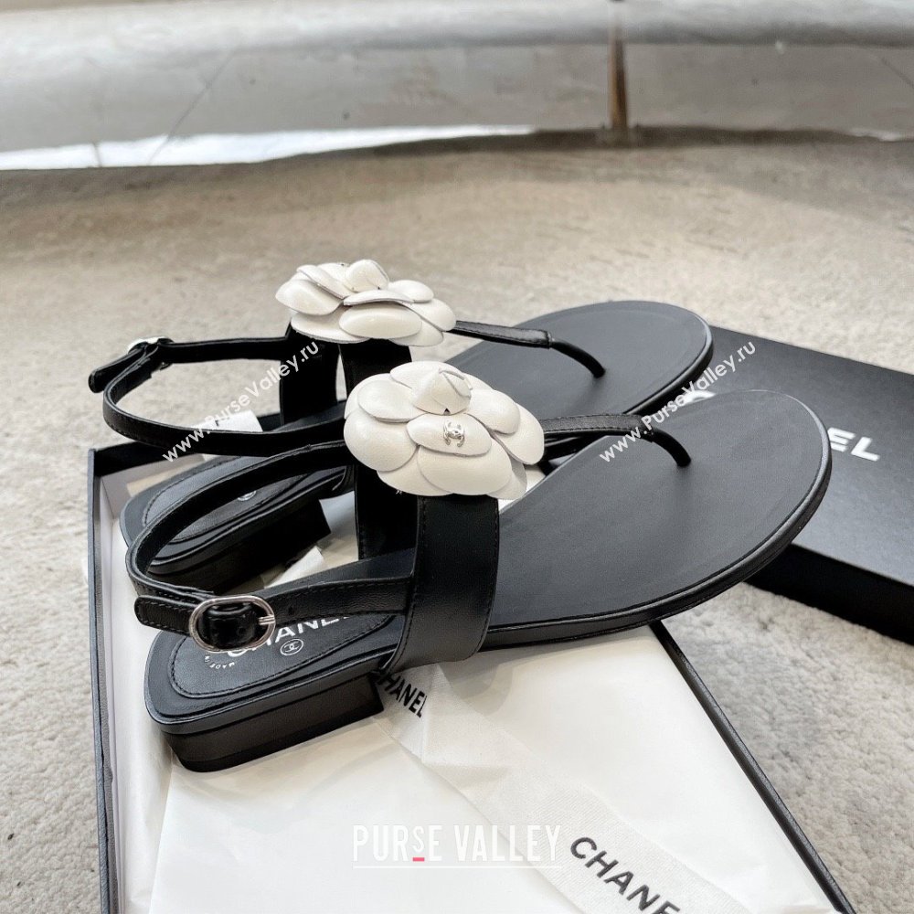 Chanel Camellia Lambskin Sandals CH92210 Black/White 2025 (KL-25092210)