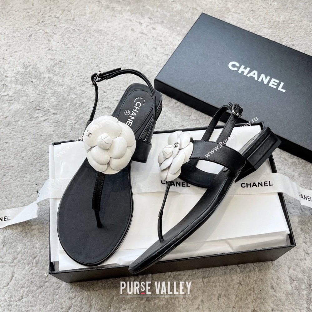 Chanel Camellia Lambskin Sandals CH92210 Black/White 2025 (KL-25092210)