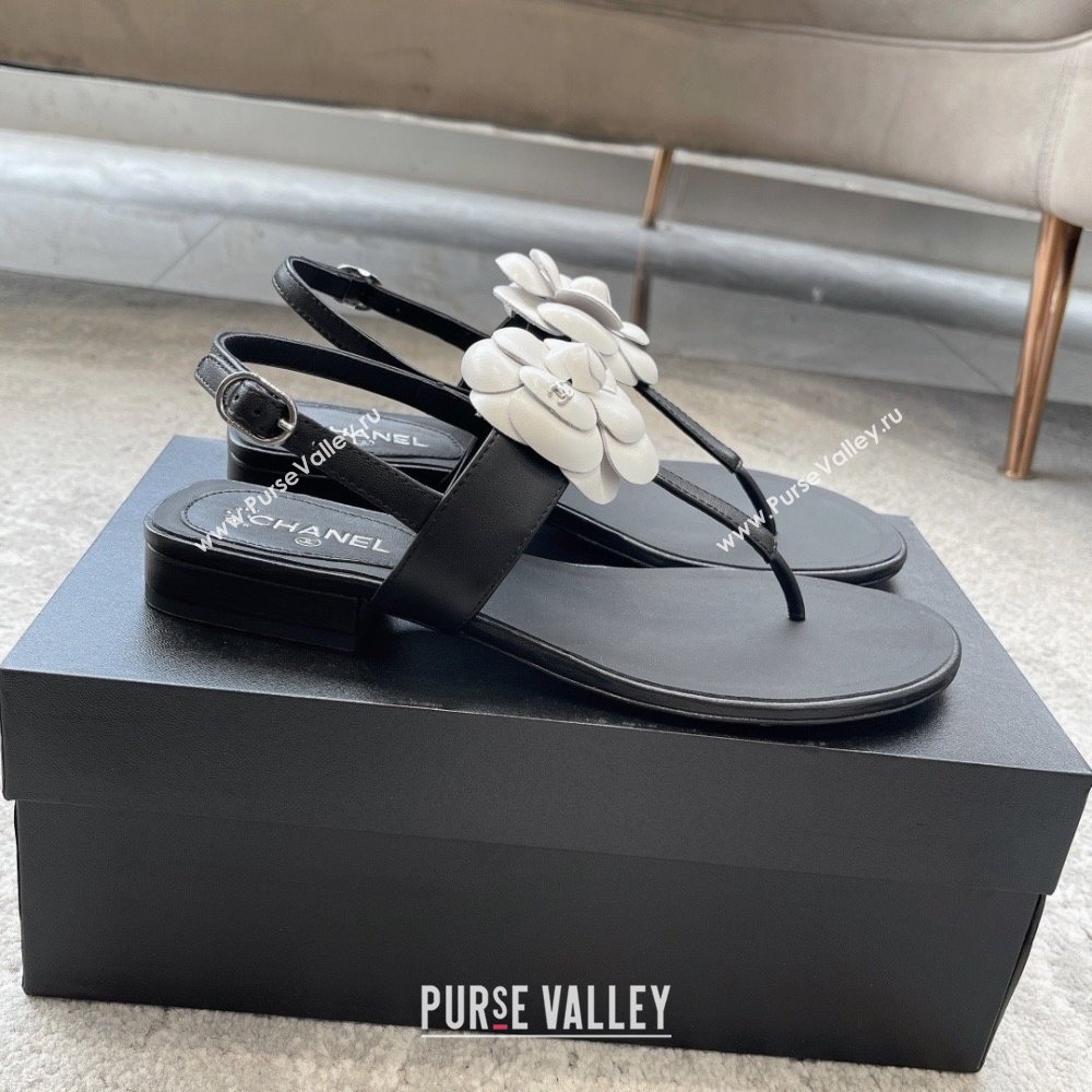 Chanel Camellia Lambskin Sandals CH92210 Black/White 2025 (KL-25092210)