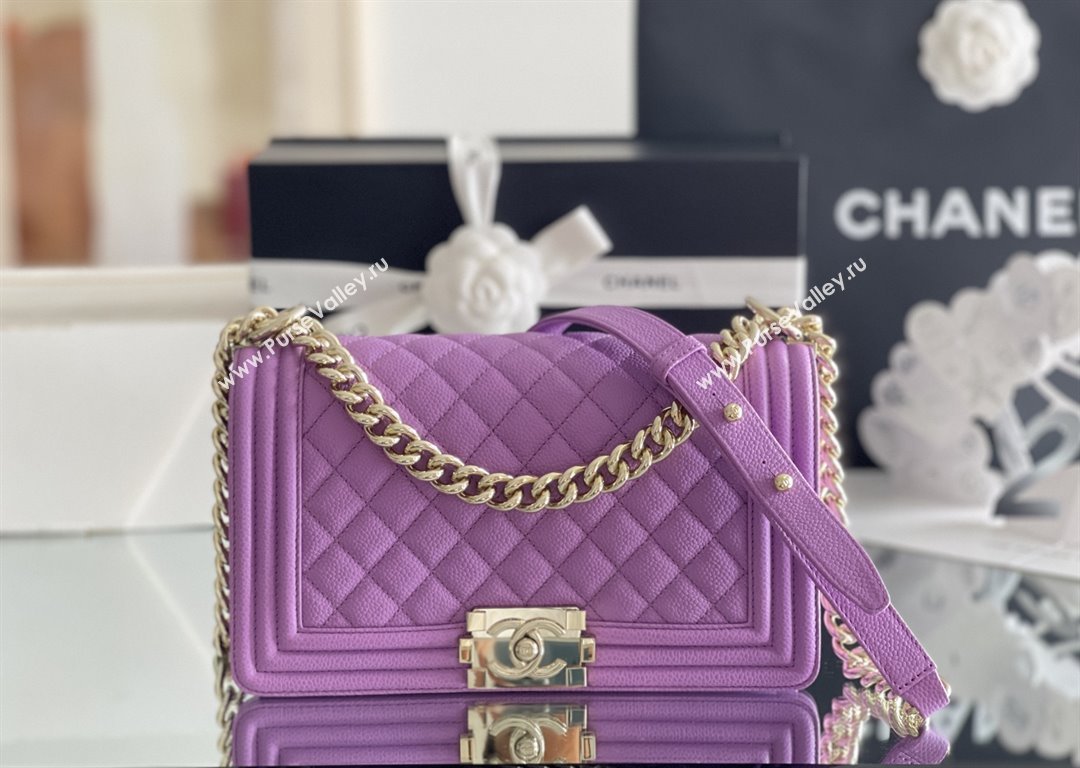 Chanel Original Big Grained Calfskin Medium Boy Flap Bag Purple/Light Gold 2025 Top Quality (MHE-25092008)