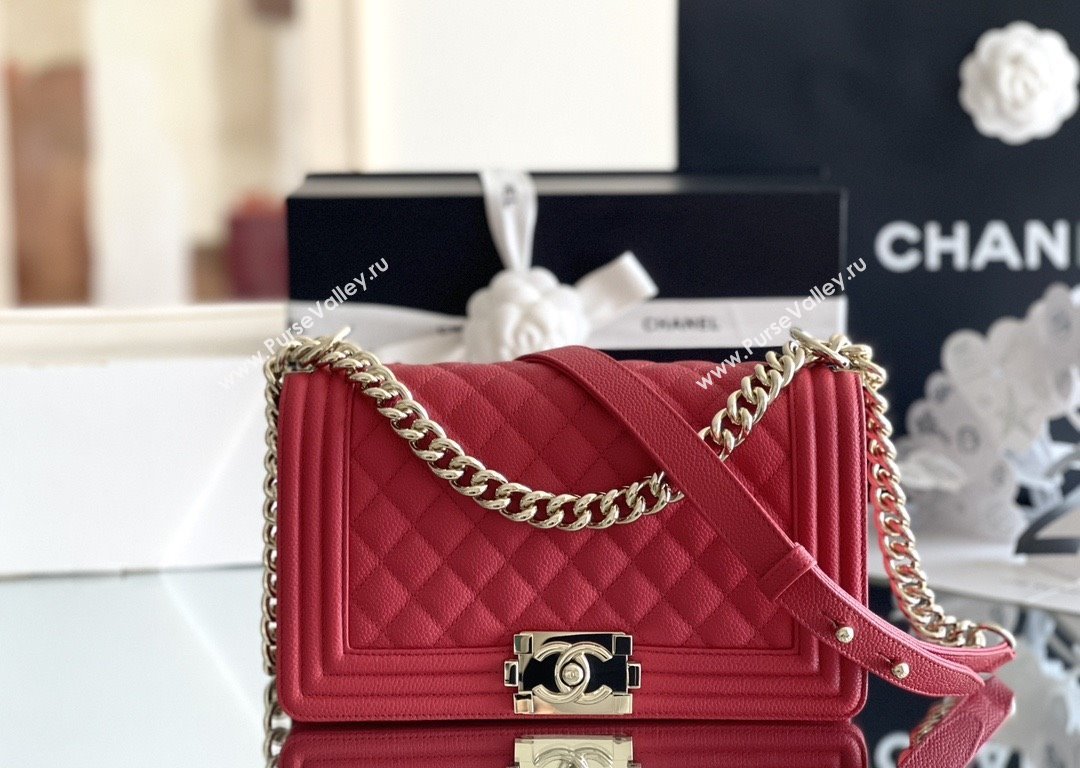 Chanel Original Big Grained Calfskin Medium Boy Flap Bag Red/Light Gold 2025 Top Quality (MHE-25092007)