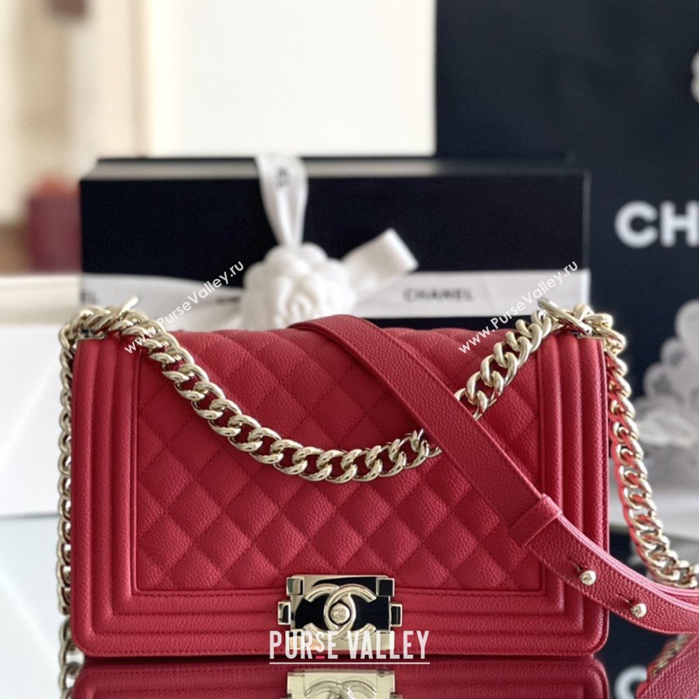 Chanel Original Big Grained Calfskin Medium Boy Flap Bag Red/Light Gold 2025 Top Quality (MHE-25092007)
