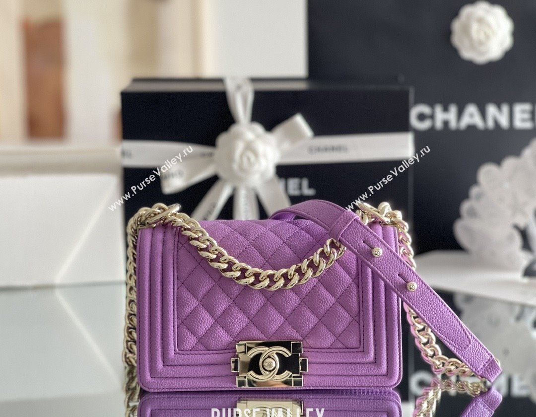 Chanel Original Big Grained Calfskin Small Boy Flap Bag Purple/Light Gold 2025 Top Quality (MHE-25092009)