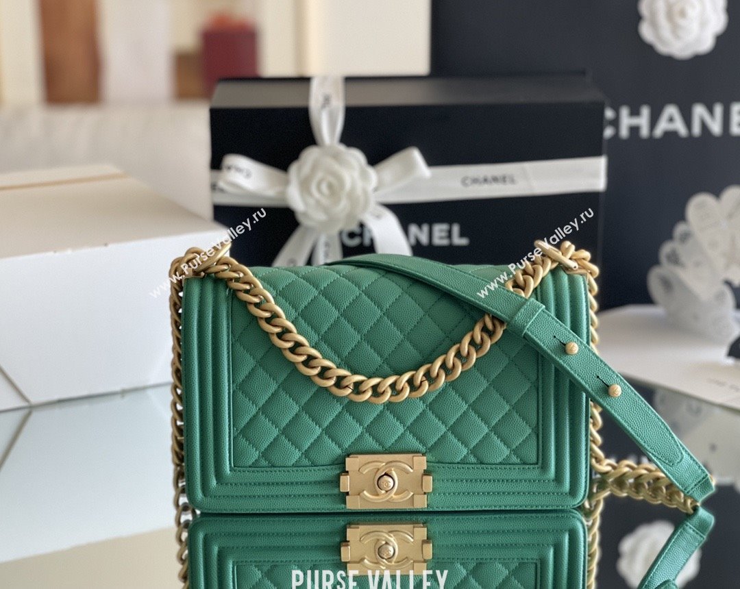 Chanel Original Small Grained Calfskin Medium Boy Flap Bag Green/Matte Gold 2025 Top Quality (MHE-25092005)