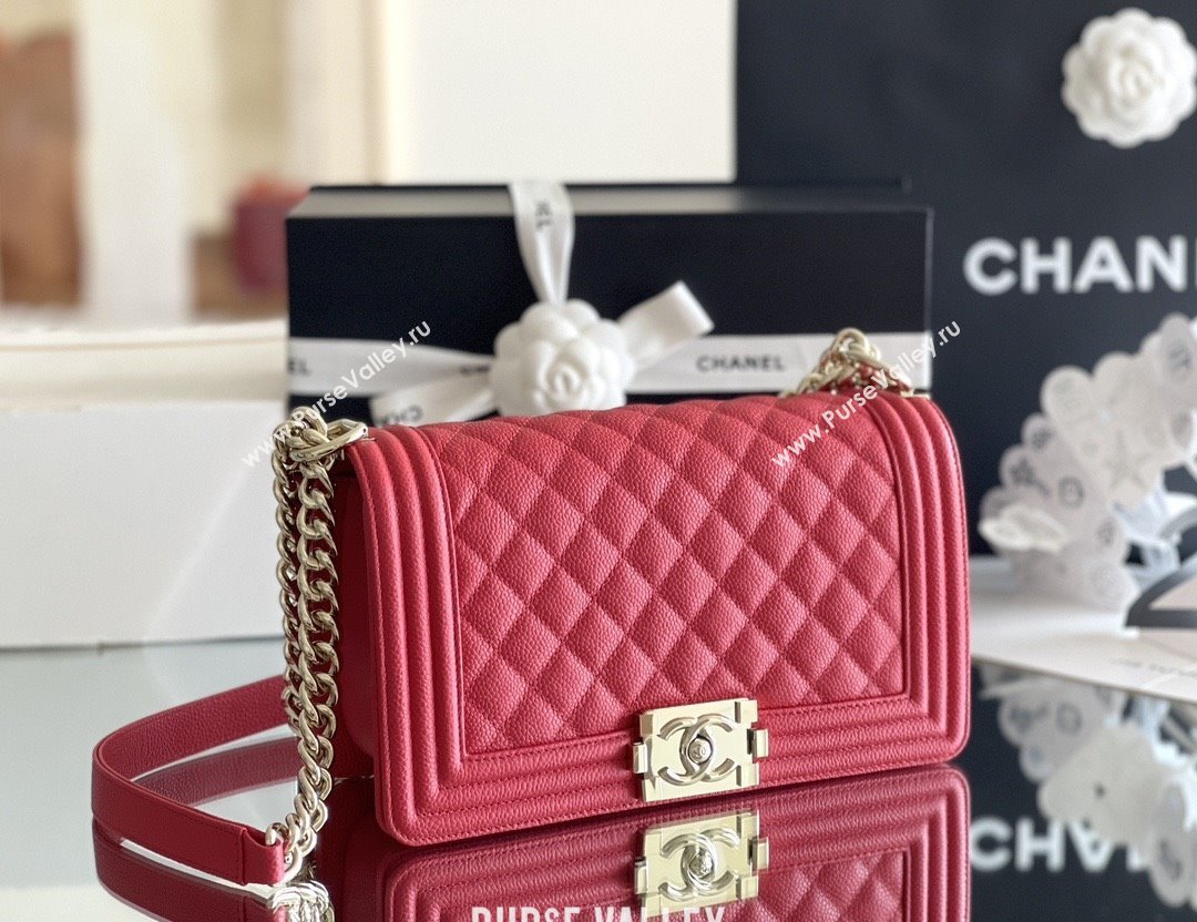 Chanel Original Big Grained Calfskin Medium Boy Flap Bag Red/Light Gold 2025 Top Quality (MHE-25092007)