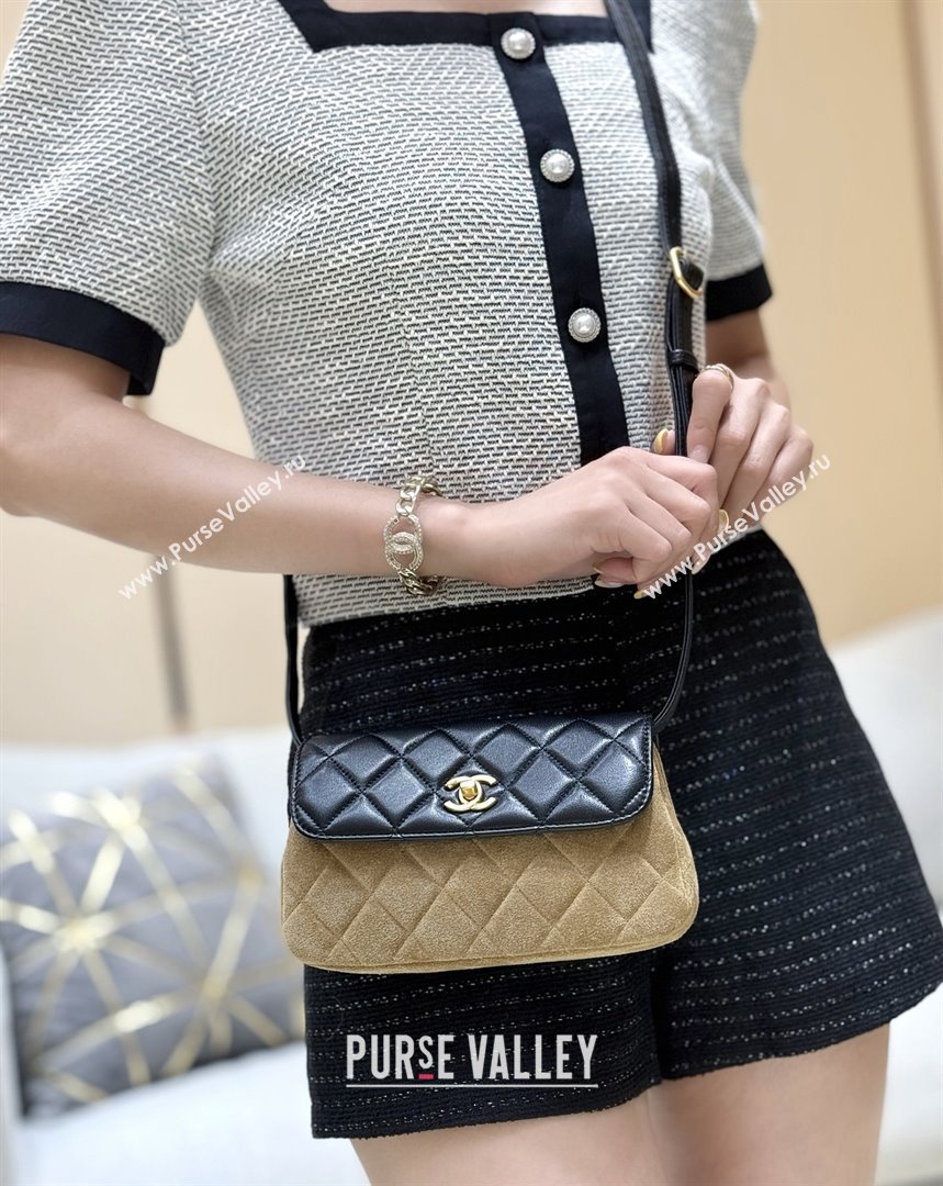 Chanel Suede Lambskin Phone Holder with Strap AP4677 Beige/Black 2025 Top Quality (SHUNY-25092301)