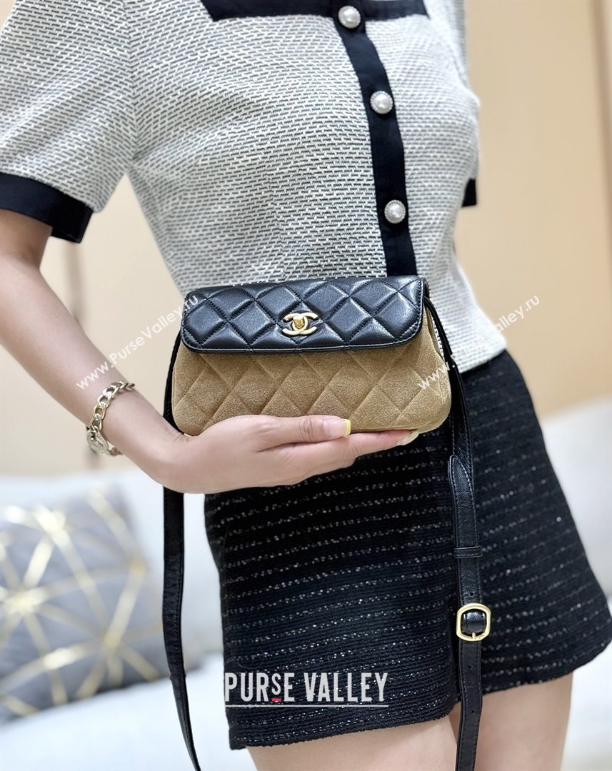 Chanel Suede Lambskin Phone Holder with Strap AP4677 Beige/Black 2025 Top Quality (SHUNY-25092301)