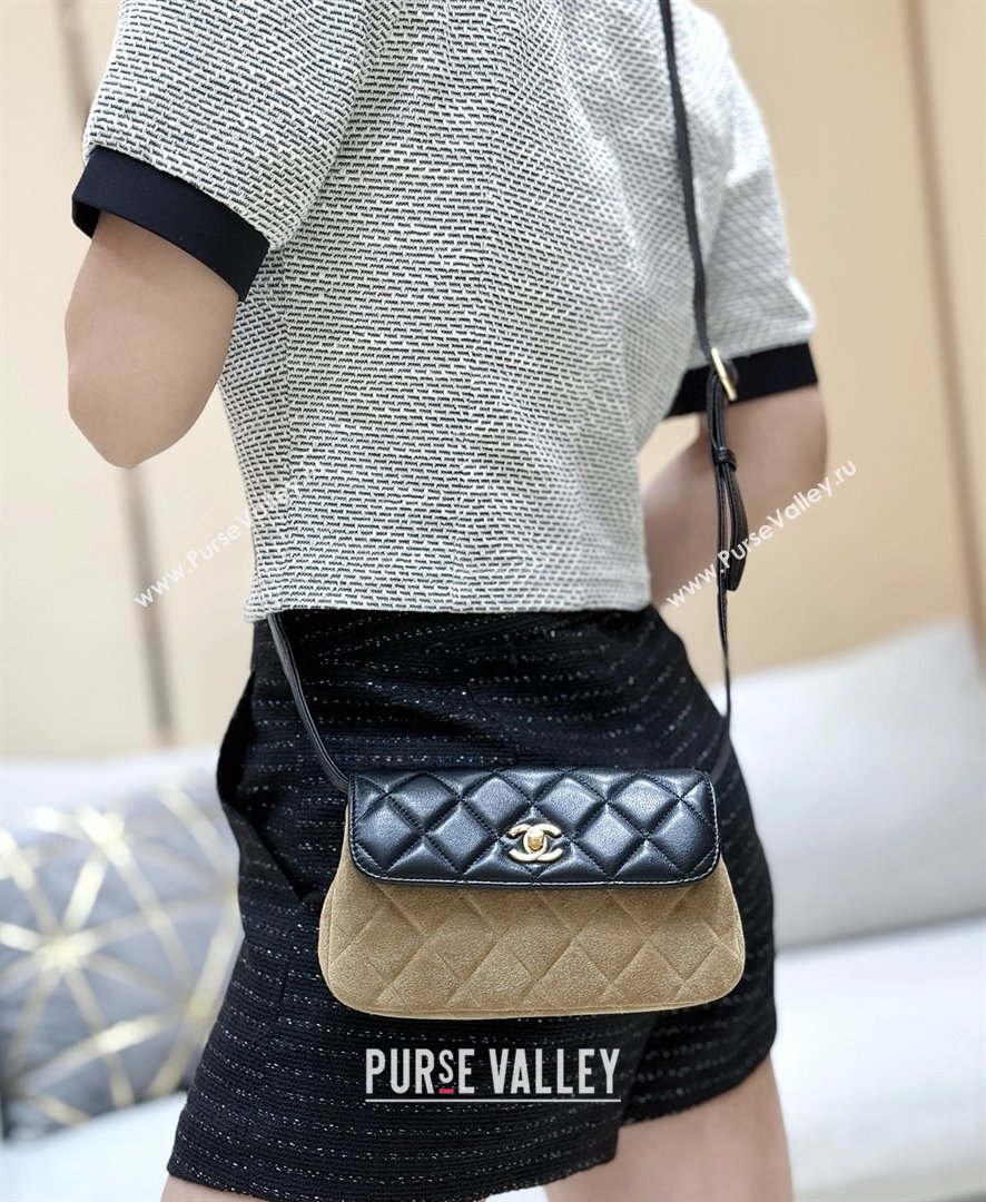 Chanel Suede Lambskin Phone Holder with Strap AP4677 Beige/Black 2025 Top Quality (SHUNY-25092301)
