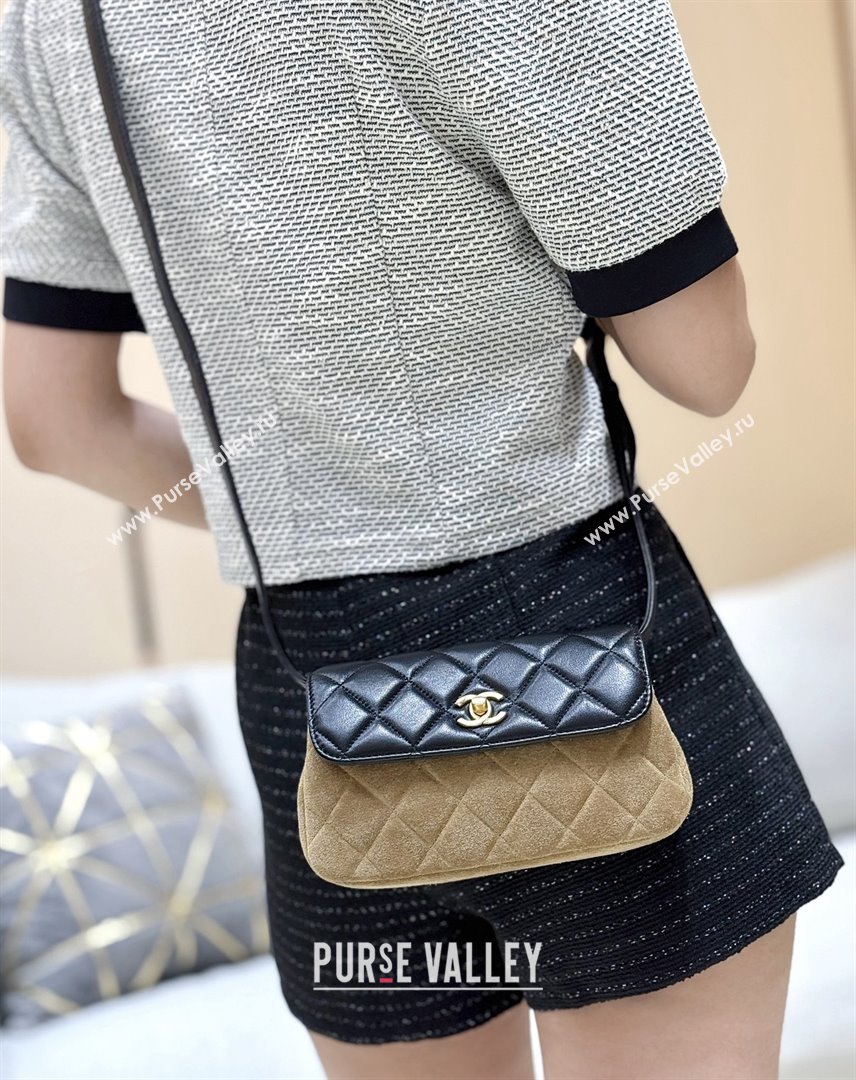 Chanel Suede Lambskin Phone Holder with Strap AP4677 Beige/Black 2025 Top Quality (SHUNY-25092301)