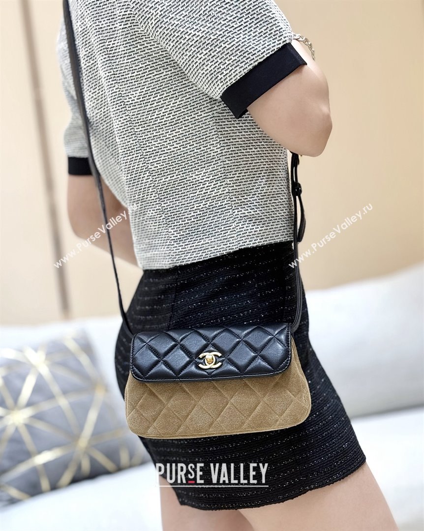Chanel Suede Lambskin Phone Holder with Strap AP4677 Beige/Black 2025 Top Quality (SHUNY-25092301)