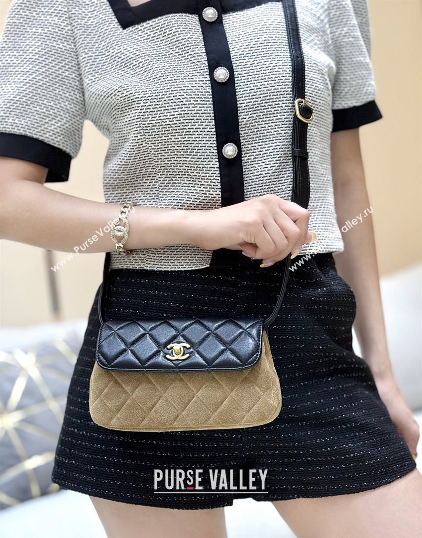 Chanel Suede Lambskin Phone Holder with Strap AP4677 Beige/Black 2025 Top Quality (SHUNY-25092301)