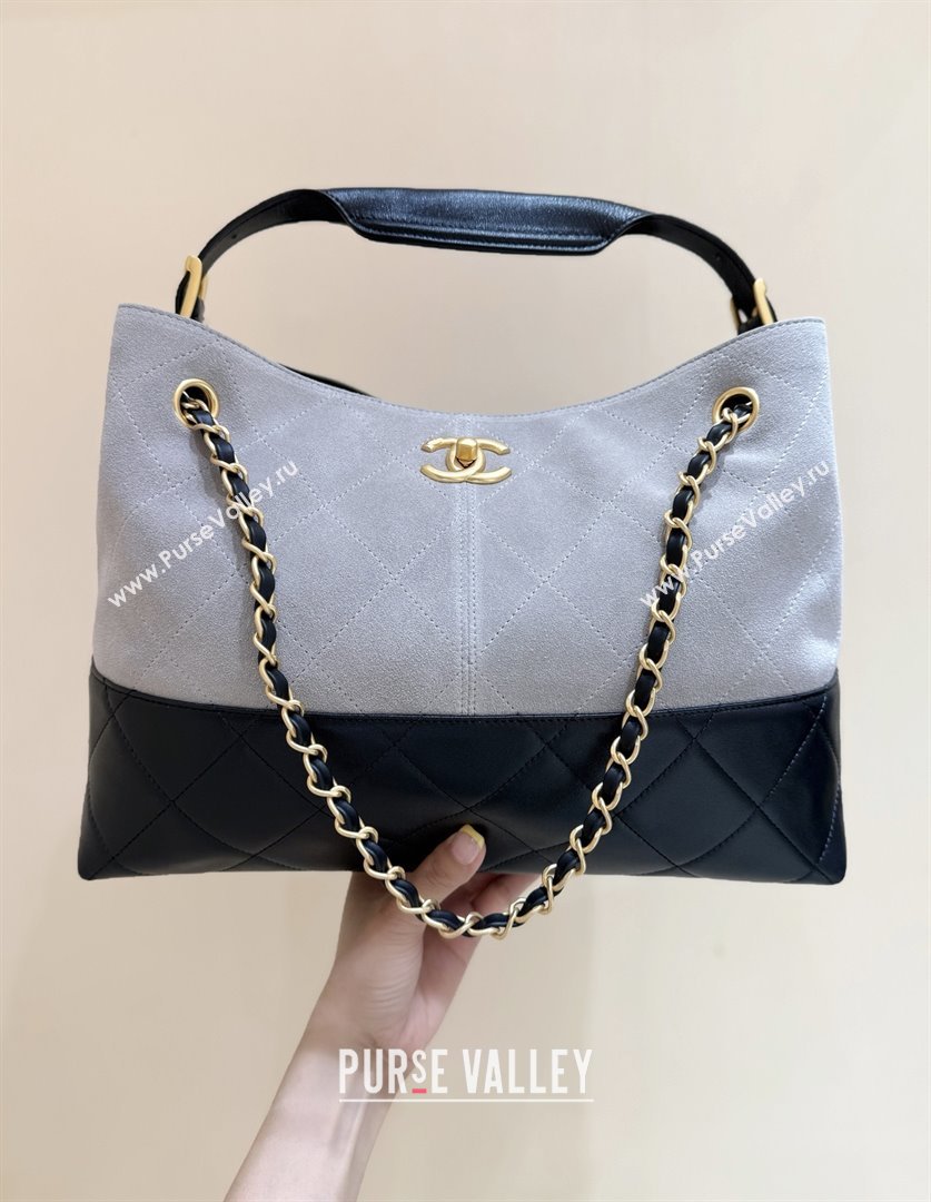 Chanel Small Tote Bag in Suede Calfskin Shiny Lambskin AS5634 Grey/Black 2025 Top Quality (SHUNY-25092401)