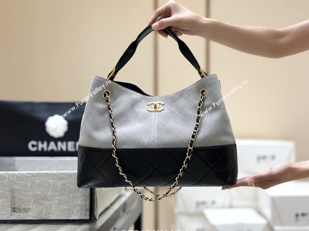 Chanel Small Tote Bag in Suede Calfskin Shiny Lambskin AS5634 Grey/Black 2025 Top Quality (SHUNY-25092401)