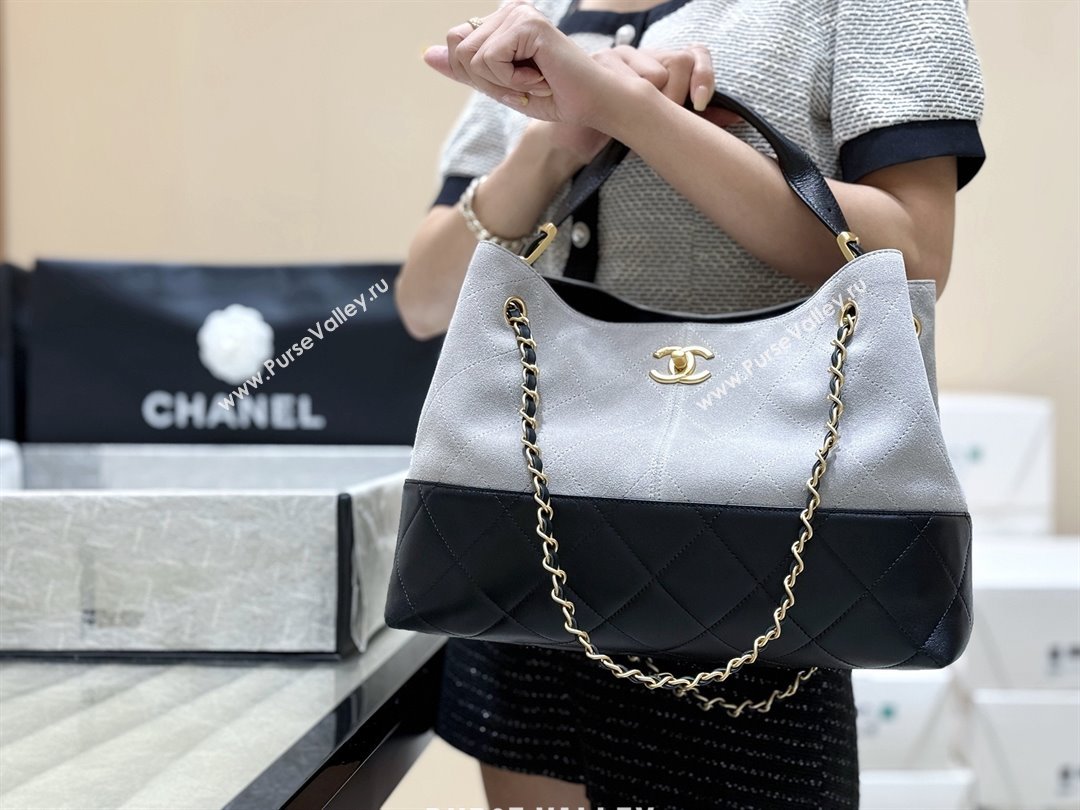 Chanel Small Tote Bag in Suede Calfskin Shiny Lambskin AS5634 Grey/Black 2025 Top Quality (SHUNY-25092401)