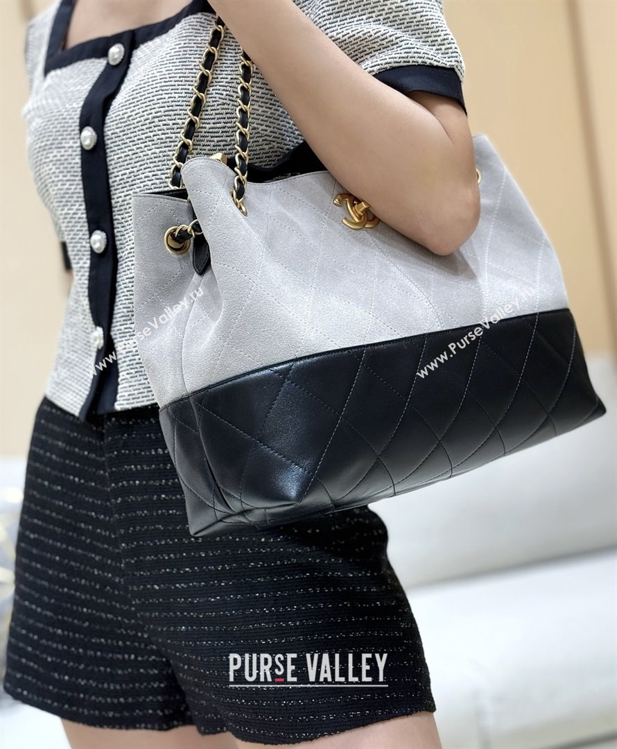 Chanel Small Tote Bag in Suede Calfskin Shiny Lambskin AS5634 Grey/Black 2025 Top Quality (SHUNY-25092401)