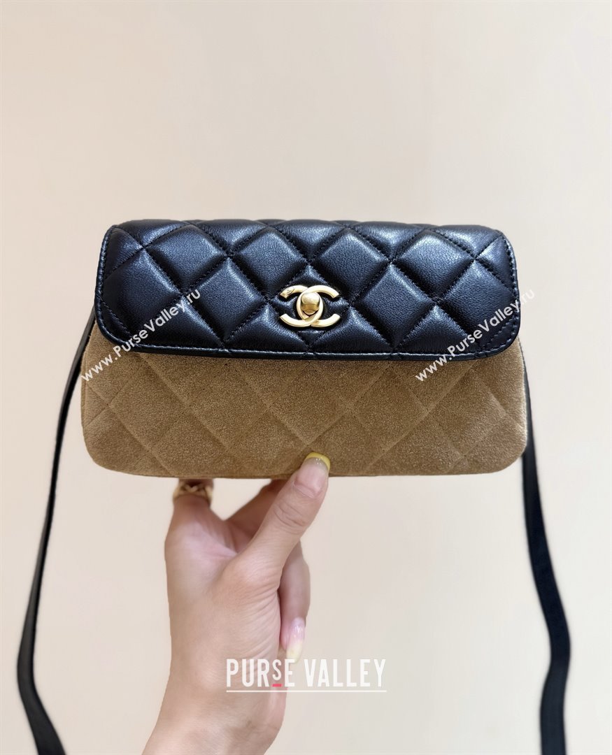Chanel Suede Lambskin Phone Holder with Strap AP4677 Beige/Black 2025 Top Quality (SHUNY-25092301)