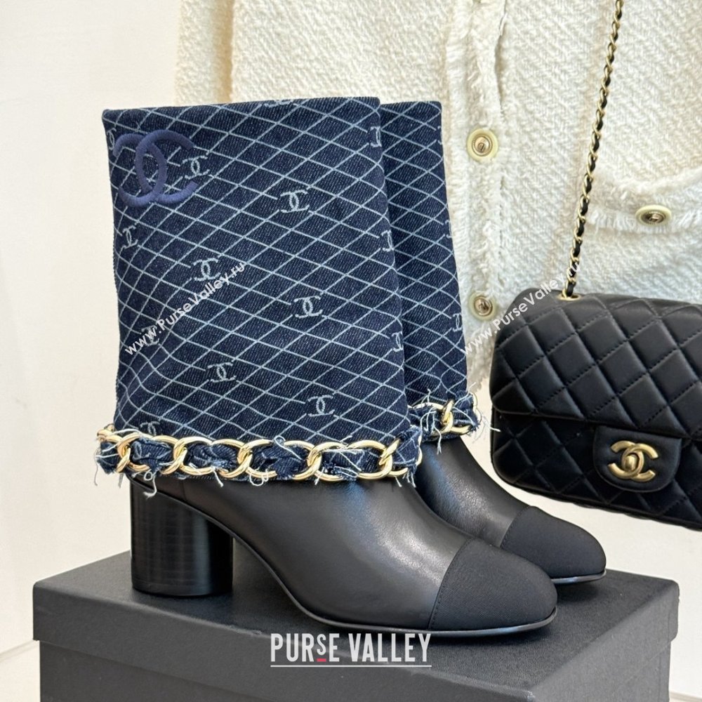 Chanel Lambskin,Denim  Grosgrain Boots with Chain 5cm Heel Deep Blue 2025 (MD-25101415)