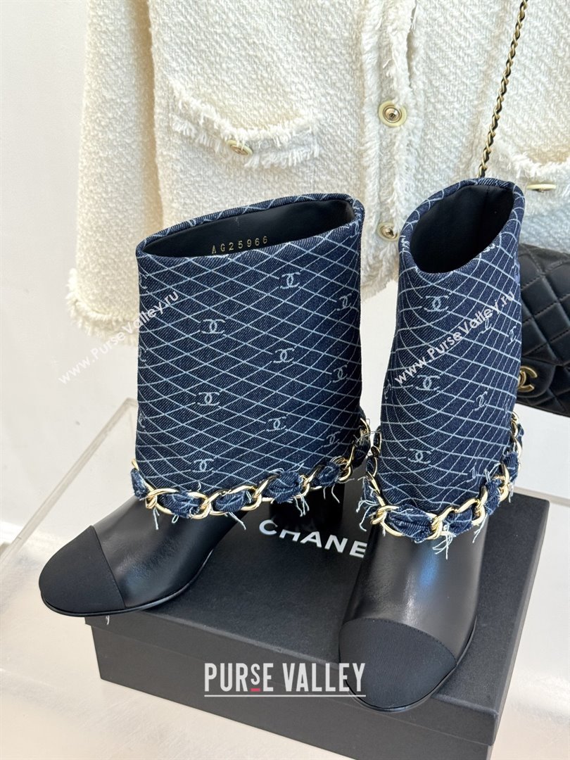Chanel Lambskin,Denim  Grosgrain Boots with Chain 5cm Heel Deep Blue 2025 (MD-25101415)