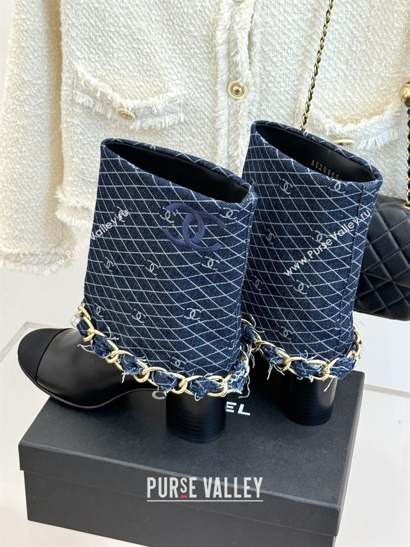 Chanel Lambskin,Denim  Grosgrain Boots with Chain 5cm Heel Deep Blue 2025 (MD-25101415)