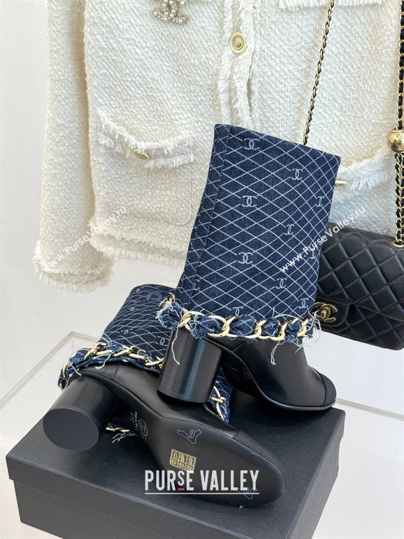 Chanel Lambskin,Denim  Grosgrain Boots with Chain 5cm Heel Deep Blue 2025 (MD-25101415)