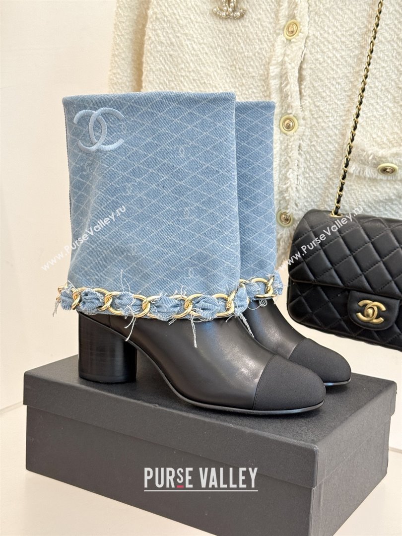 Chanel Lambskin,Denim  Grosgrain Boots with Chain 5cm Heel Light Blue 2025 (MD-25101416)