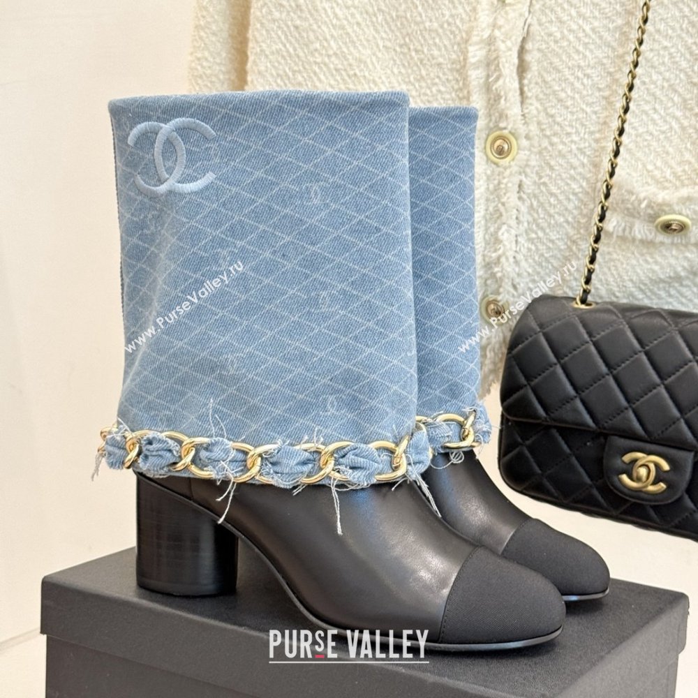 Chanel Lambskin,Denim  Grosgrain Boots with Chain 5cm Heel Light Blue 2025 (MD-25101416)