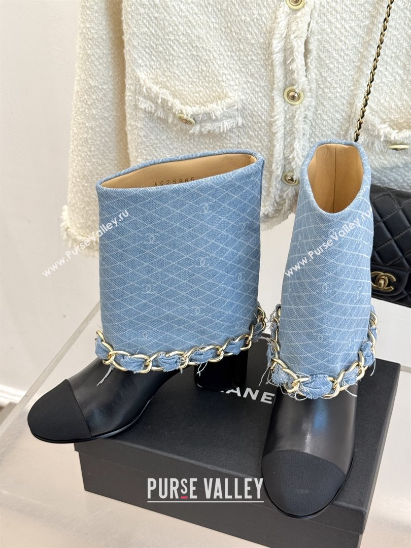 Chanel Lambskin,Denim  Grosgrain Boots with Chain 5cm Heel Light Blue 2025 (MD-25101416)