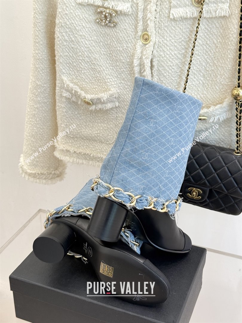 Chanel Lambskin,Denim  Grosgrain Boots with Chain 5cm Heel Light Blue 2025 (MD-25101416)