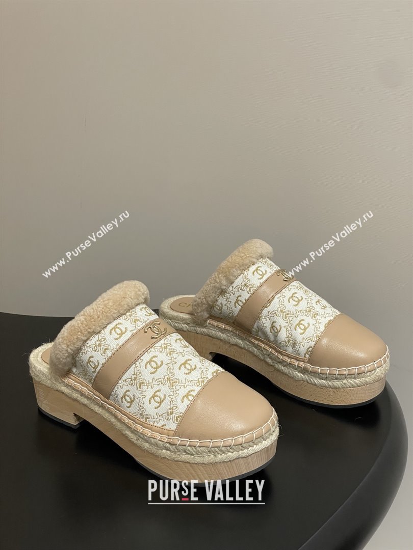 Chanel Lambskin Fabric Mules with Shearling CH102001 Beige 2025 (MD-25102001)