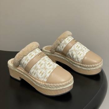 Chanel Lambskin Fabric Mules with Shearling CH102001 Beige 2025 (MD-25102001)