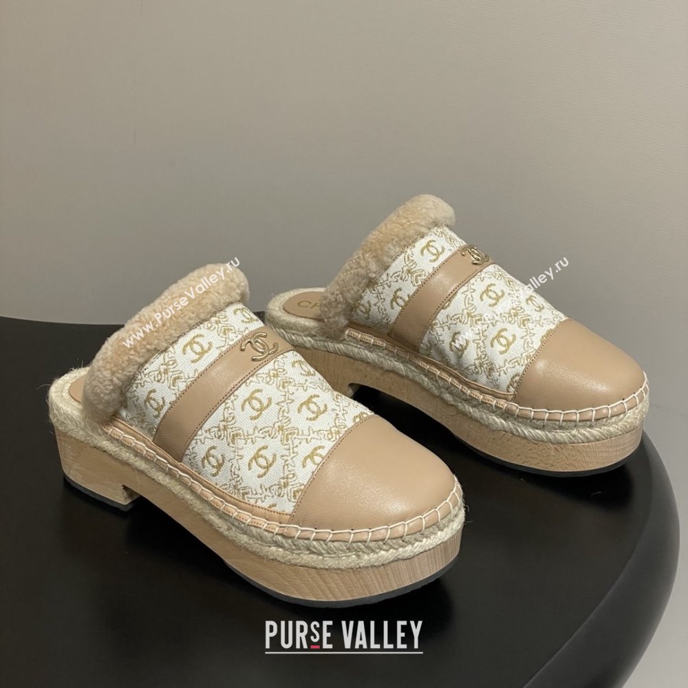Chanel Lambskin Fabric Mules with Shearling CH102001 Beige 2025 (MD-25102001)