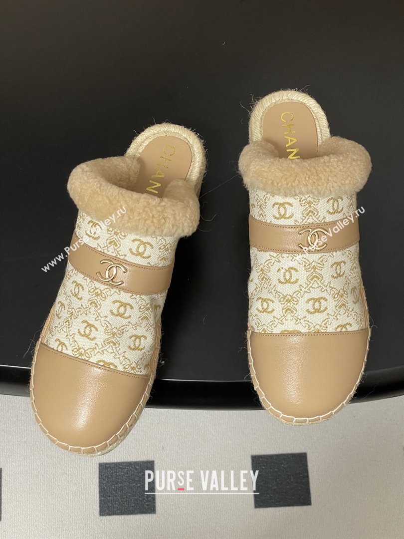 Chanel Lambskin Fabric Mules with Shearling CH102001 Beige 2025 (MD-25102001)