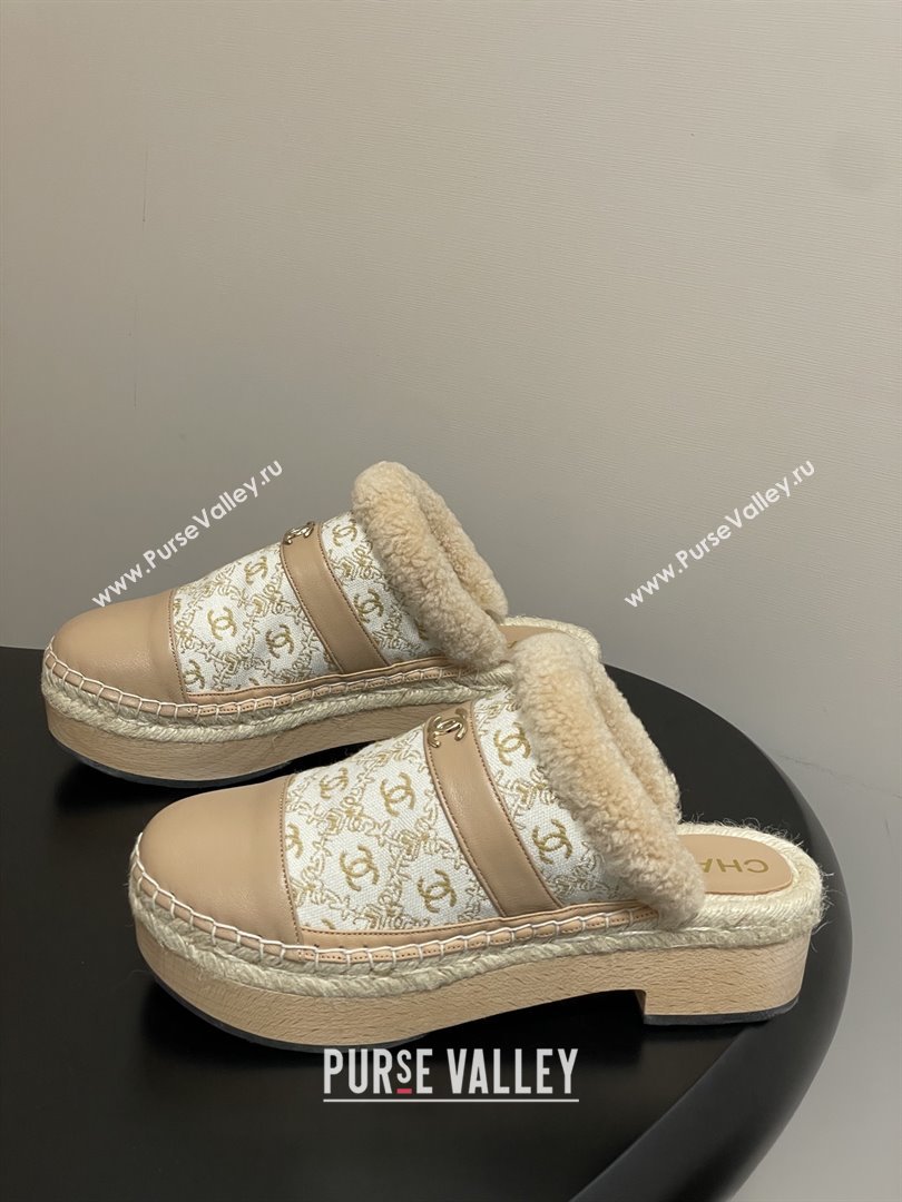Chanel Lambskin Fabric Mules with Shearling CH102001 Beige 2025 (MD-25102001)