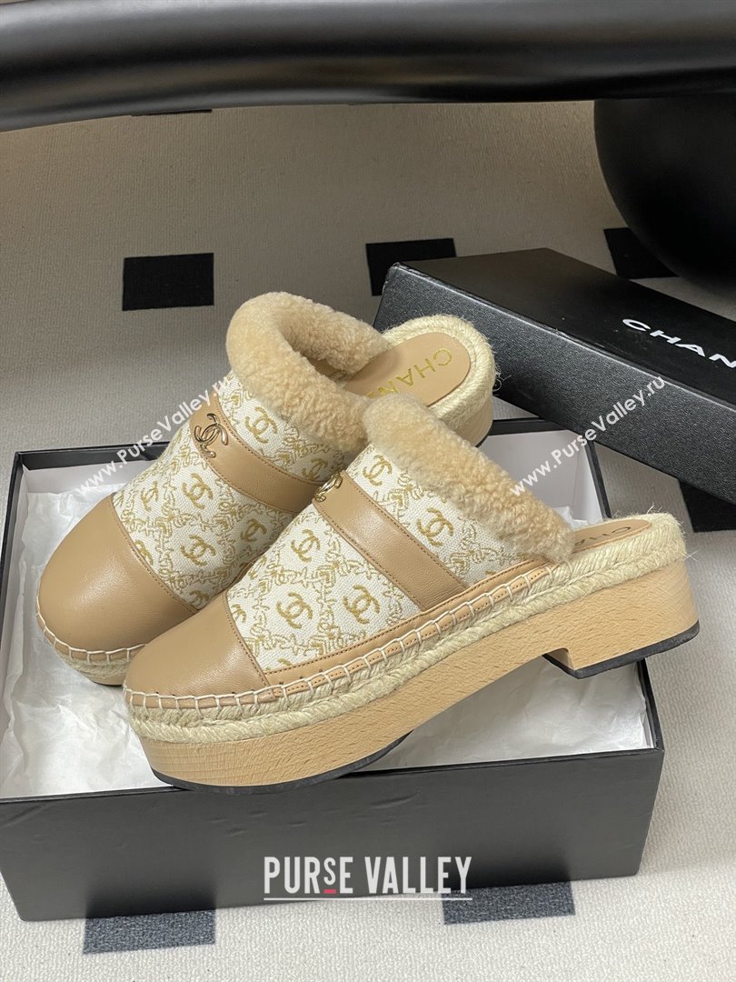 Chanel Lambskin Fabric Mules with Shearling CH102001 Beige 2025 (MD-25102001)