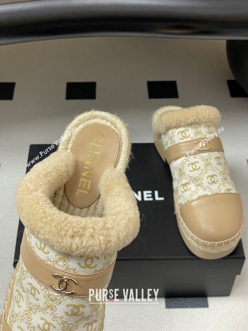 Chanel Lambskin Fabric Mules with Shearling CH102001 Beige 2025 (MD-25102001)