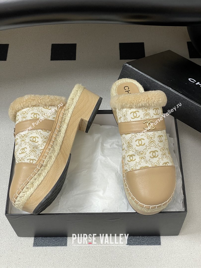 Chanel Lambskin Fabric Mules with Shearling CH102001 Beige 2025 (MD-25102001)