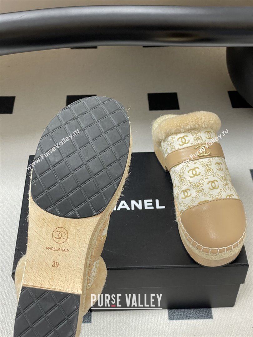 Chanel Lambskin Fabric Mules with Shearling CH102001 Beige 2025 (MD-25102001)