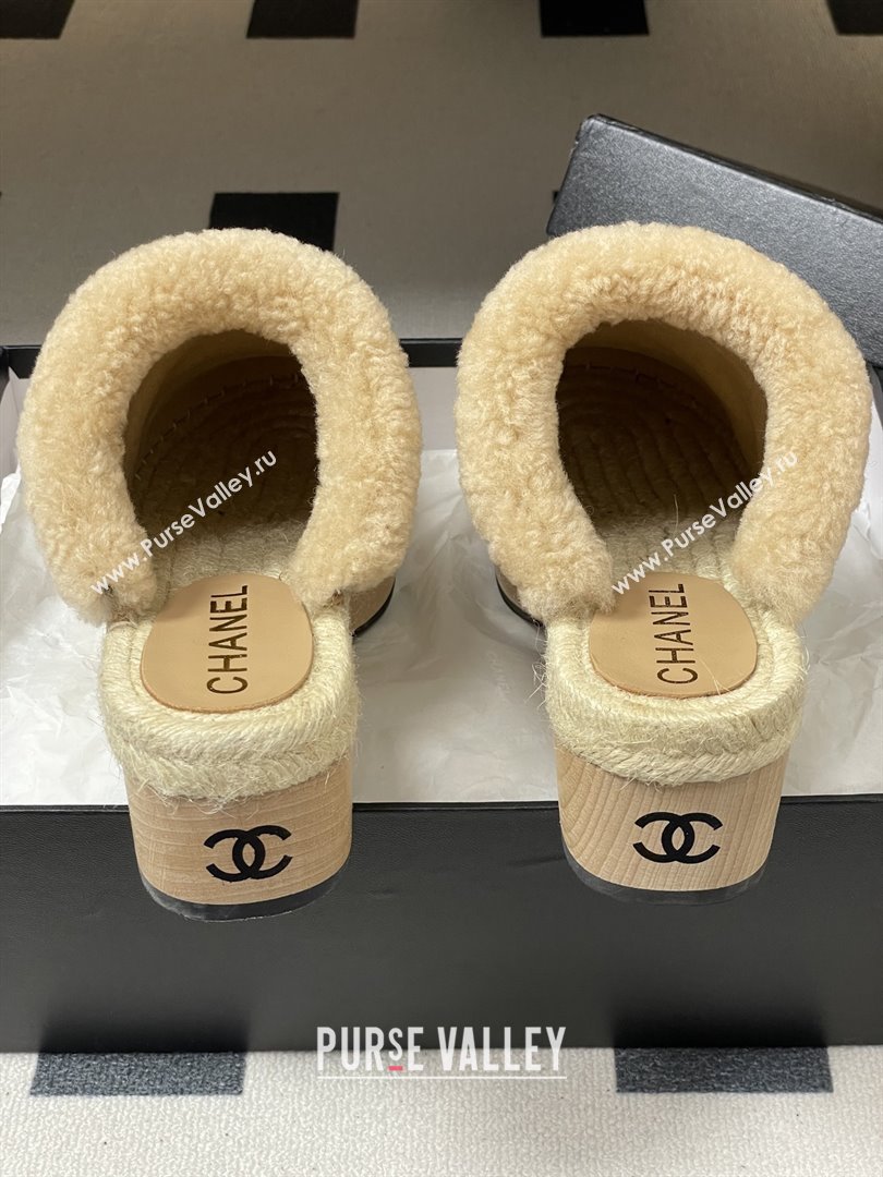 Chanel Lambskin Fabric Mules with Shearling CH102001 Beige 2025 (MD-25102001)
