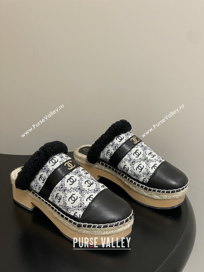 Chanel Lambskin Fabric Mules with Shearling CH102002 Black 2025 (MD-25102002)
