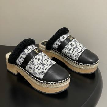 Chanel Lambskin Fabric Mules with Shearling CH102002 Black 2025 (MD-25102002)