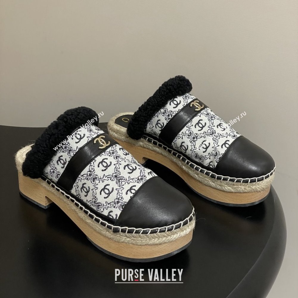 Chanel Lambskin Fabric Mules with Shearling CH102002 Black 2025 (MD-25102002)