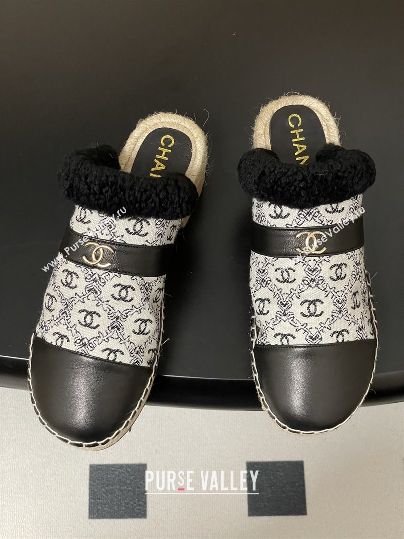 Chanel Lambskin Fabric Mules with Shearling CH102002 Black 2025 (MD-25102002)