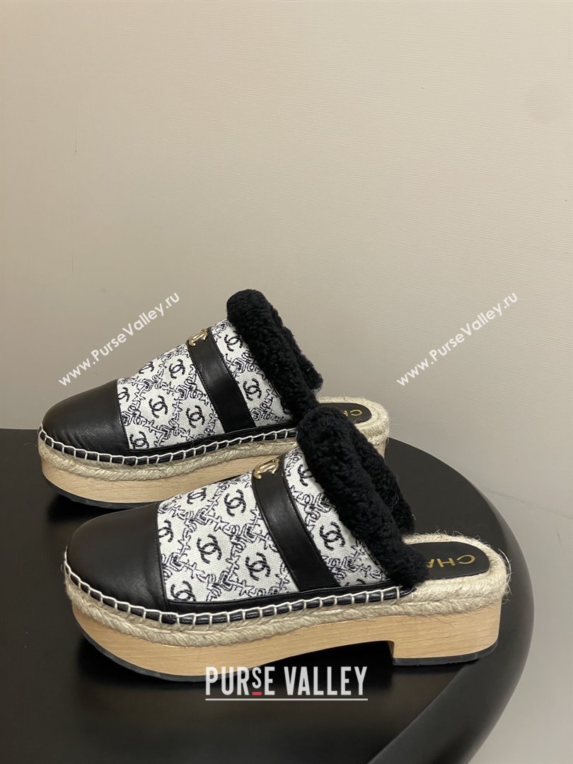 Chanel Lambskin Fabric Mules with Shearling CH102002 Black 2025 (MD-25102002)