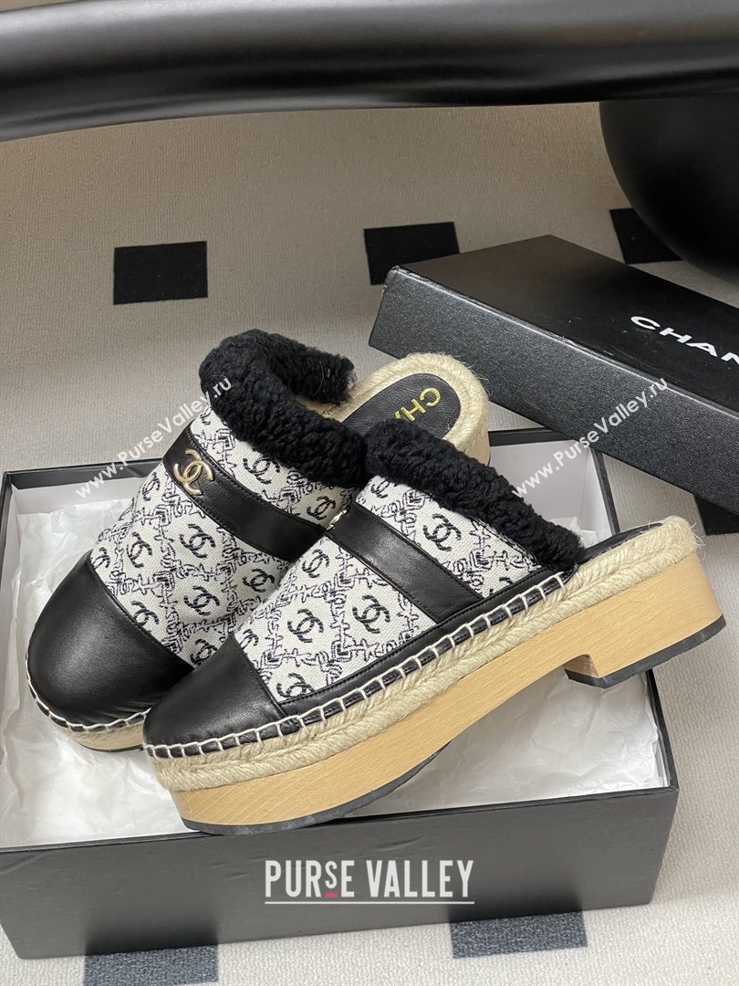 Chanel Lambskin Fabric Mules with Shearling CH102002 Black 2025 (MD-25102002)