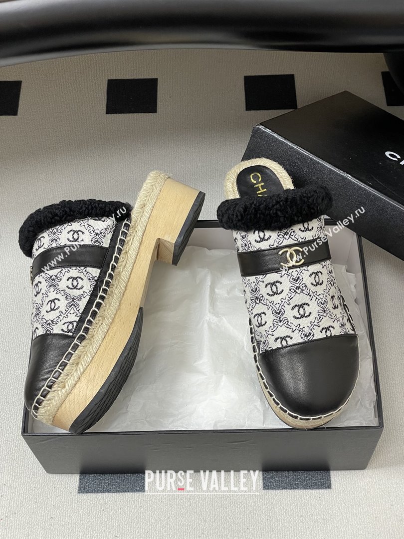 Chanel Lambskin Fabric Mules with Shearling CH102002 Black 2025 (MD-25102002)
