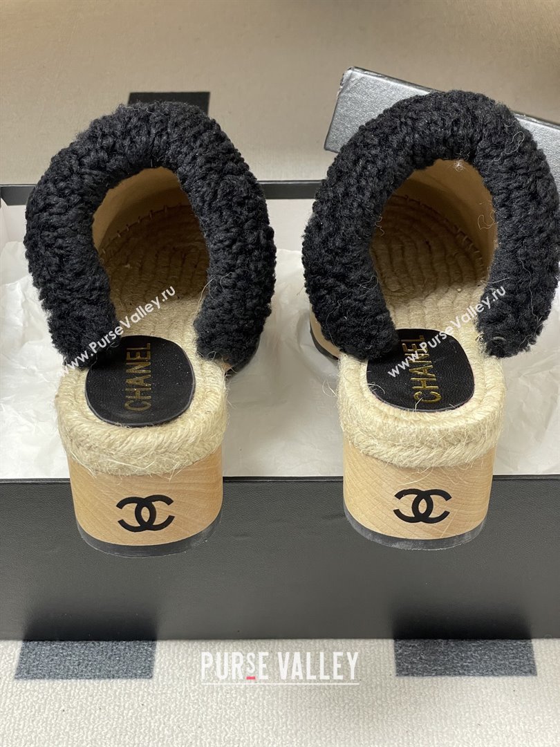 Chanel Lambskin Fabric Mules with Shearling CH102002 Black 2025 (MD-25102002)