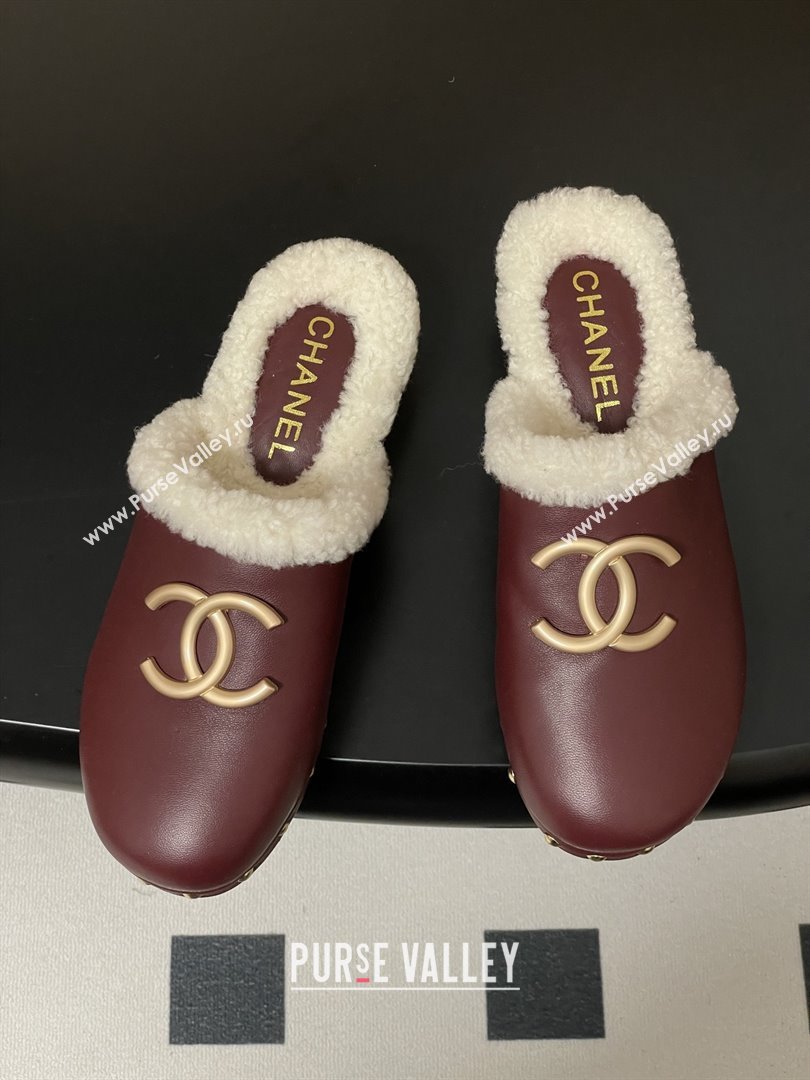 Chanel Calfskin Mules with Shearling CH102003 Burgundy 2025 (MD-25102003)