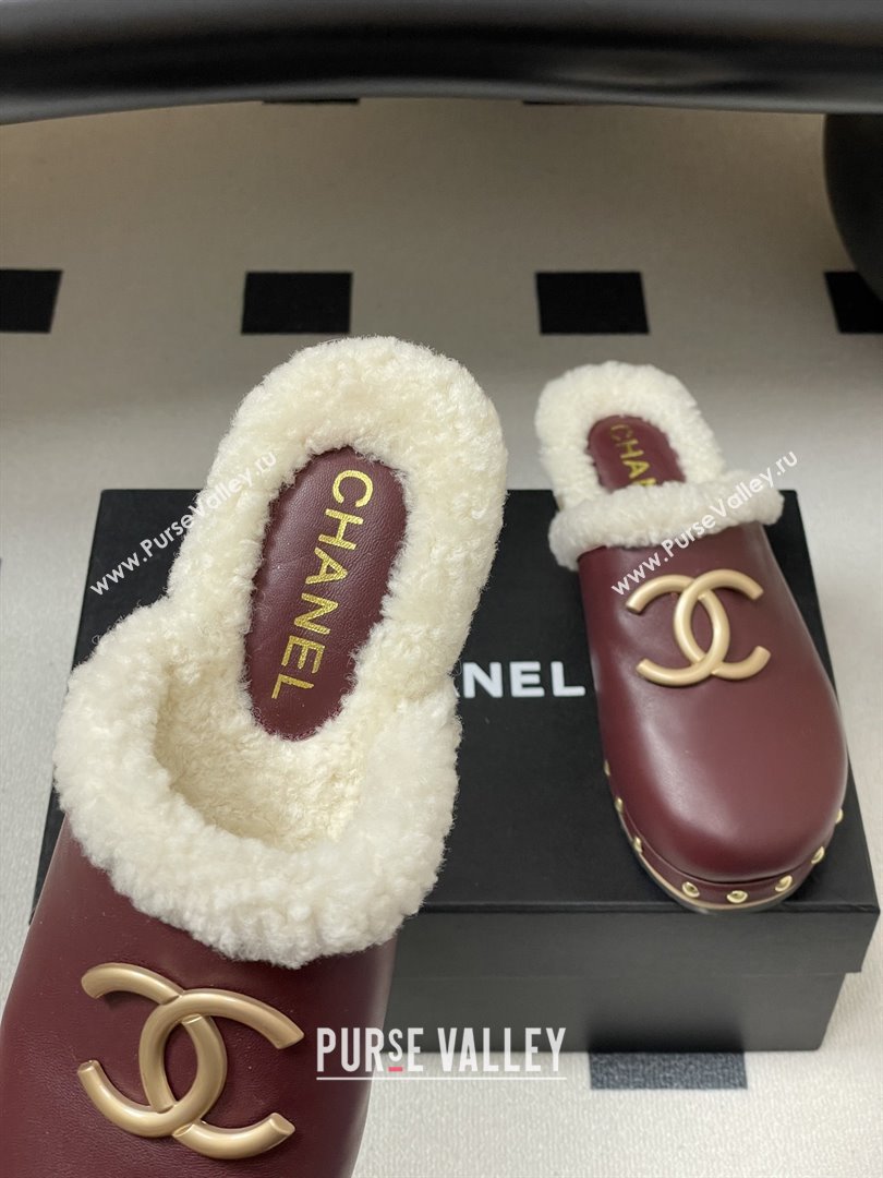 Chanel Calfskin Mules with Shearling CH102003 Burgundy 2025 (MD-25102003)